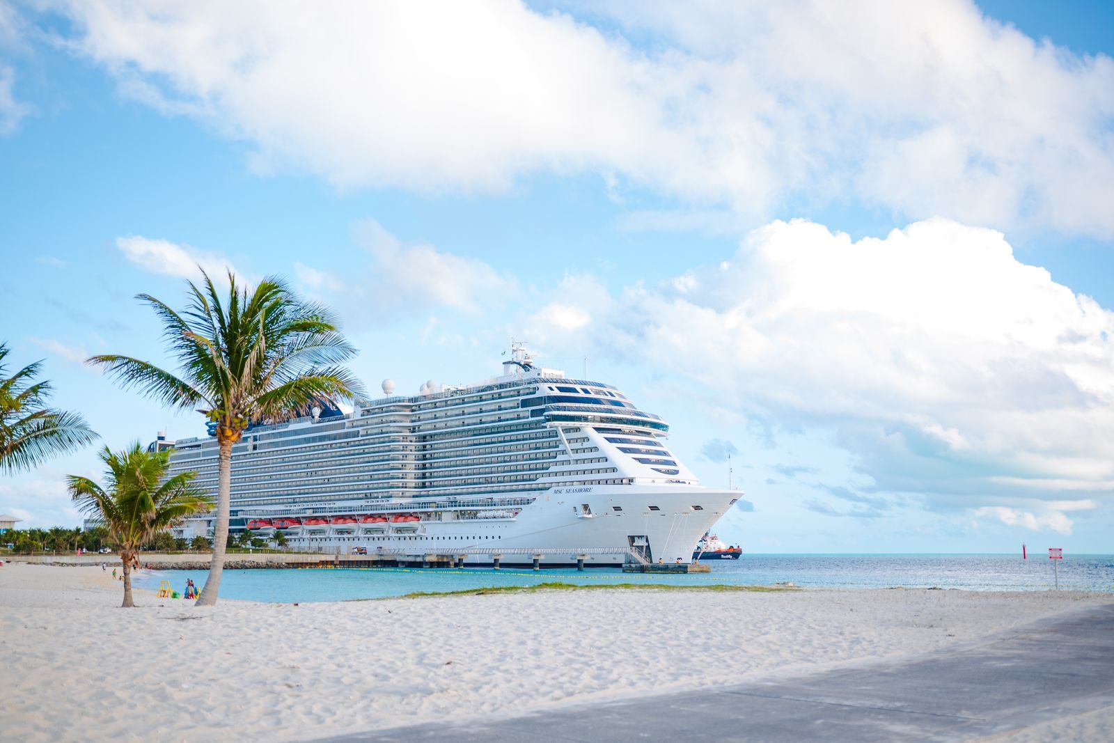 Cruise ship anchored off a palm-lined Bahamas beach, a favorite stop on short cruises from Florida
