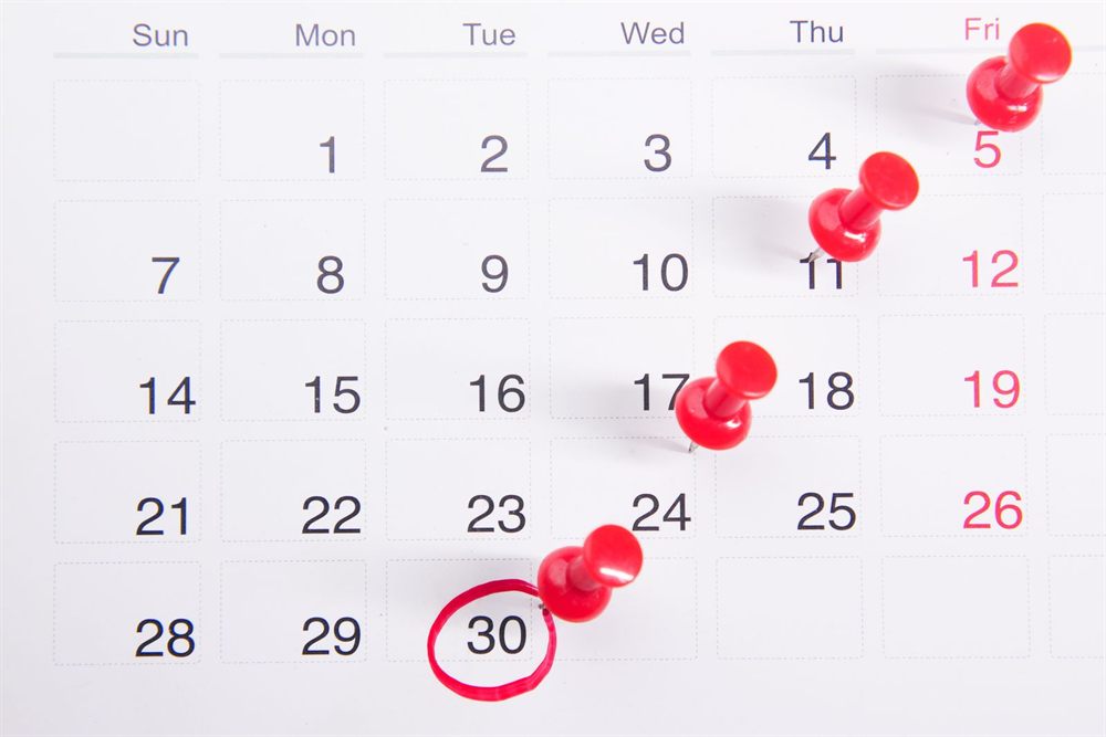 Calendar with red push pins marking important dates